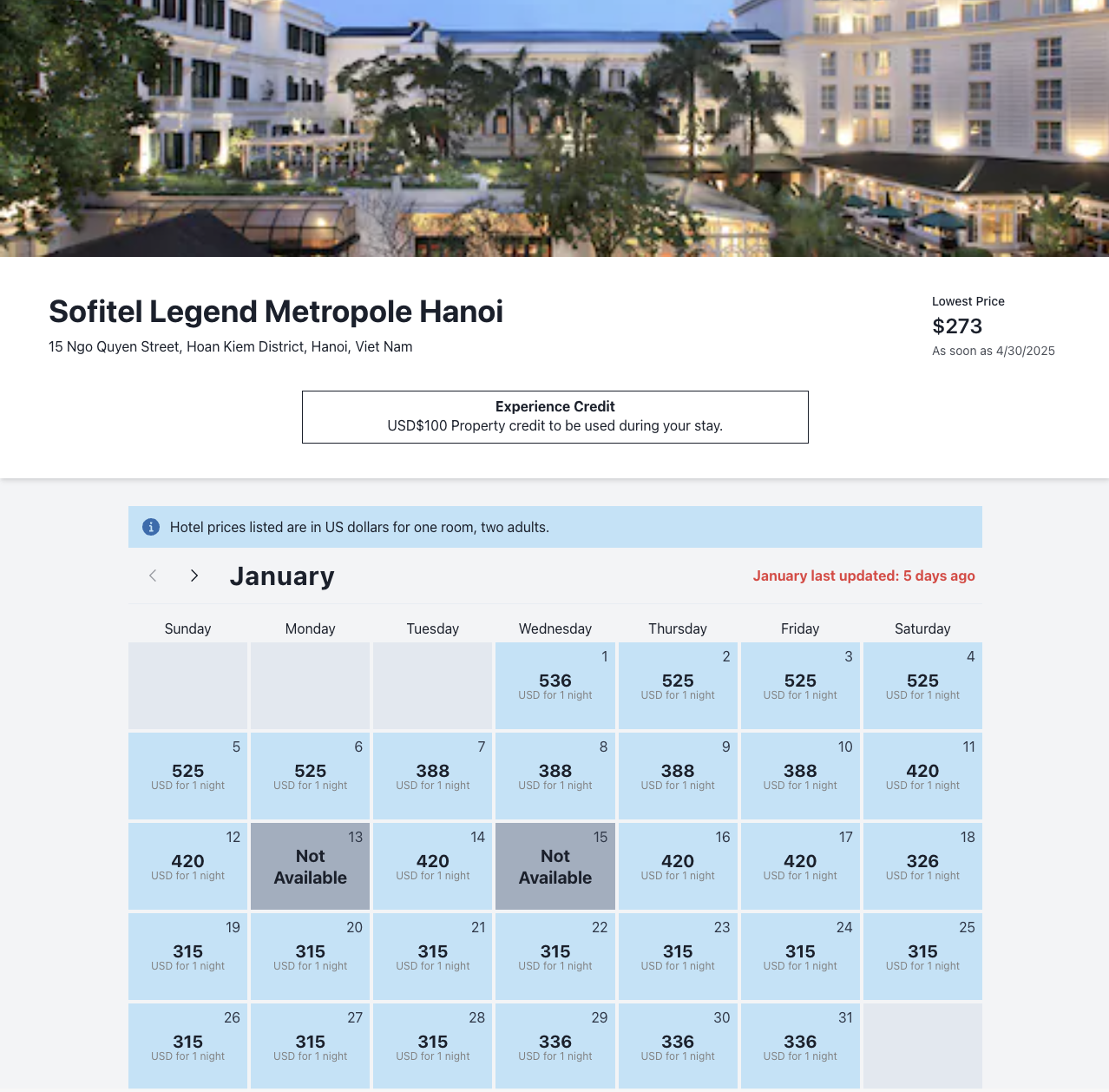 MaxFHR website January nightly rates for the Sofitel Legend Metropole Hanoi